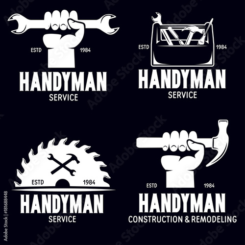 Handyman labels badges emblems and design elements. Tools silhouettes. Carpentry related vector vintage illustration.