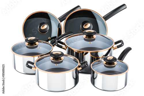 Set of cooking stainless steel kitchen utensils and cookware. Pots and pans, 3D rendering photo