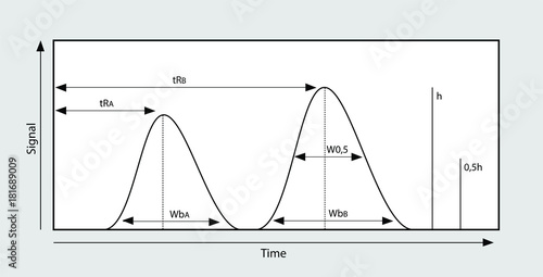Vector illustration of a chromatography graph with measurements and symbols.