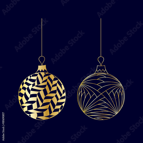 Vector set of hand drawn golden Christmas ball toy with thread