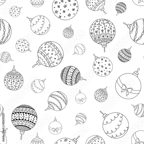 Vector seamless pattern of hand drawn Christmas ball toy. Coloring page book holiday background