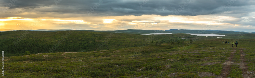 Landscape of the tundra at sunset, Finnmark, Norway. Panorama