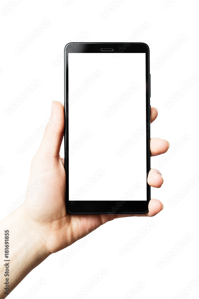 phone in hands on isolated, frameless phone, smartphone with thin frames phone in hands on isolated, frameless phone, smartphone with thin frames