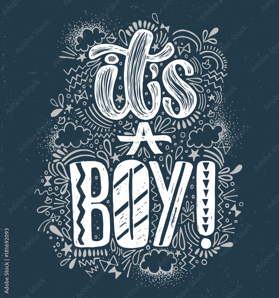 It's a boy Baby shower boy poster hand written lettering. Blue background and white lettering. Cute colored vector invitation for a wonderful event.
