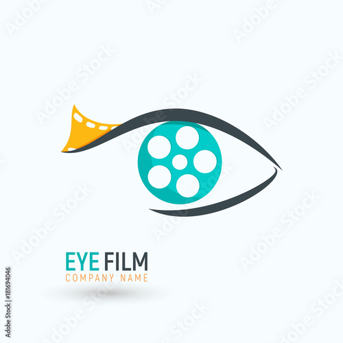 Concept reel film in a eye logo. Isolated logotype of movie industry on white background.