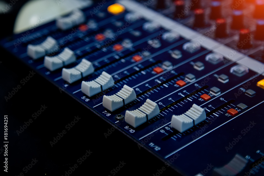 Sound operator console. Sound mixer control panel. Music recording Studio Sound operator console. Sound mixer control panel. Music recording Studio