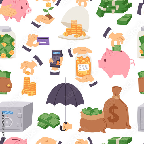 Money save vector symbols capital monetary investment concept finance icons banking safety formation invest loan strategy for profit savings bank seamless pattern background