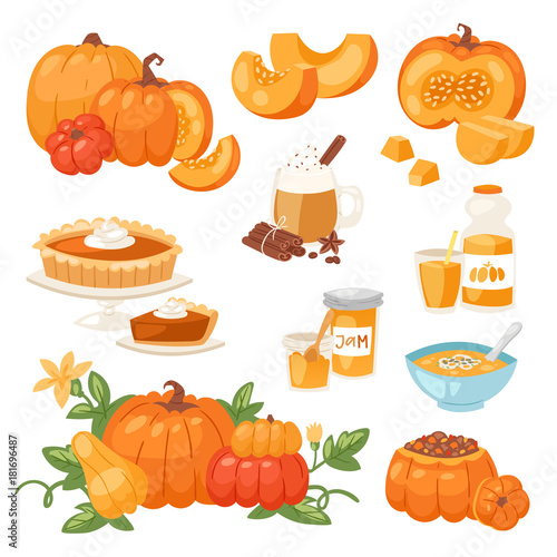 Pumpkin food vector soup, cake, pie meals organic healthy autumn food delicious harvest time seasona pumpkin illustration