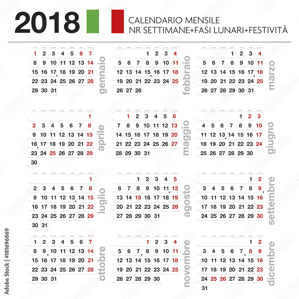 Calendario mensile Italiano 2018 con lune, festività e nr settimana Stock  Vector | Adobe Stock