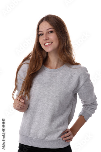 Portrait of happy beautiful teenage girl isolated on white background . Natural beauty