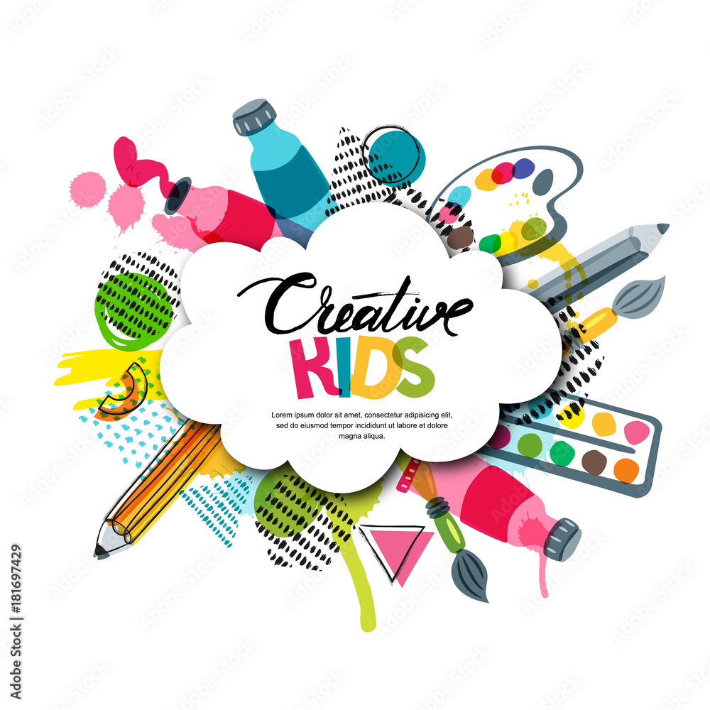 Kids art craft, education, creativity class concept. Vector banner, poster  with white cloud shape paper background, hand drawn letters, pencil, brush,  watercolor paints. Doodle illustration. Stock Vector | Adobe Stock