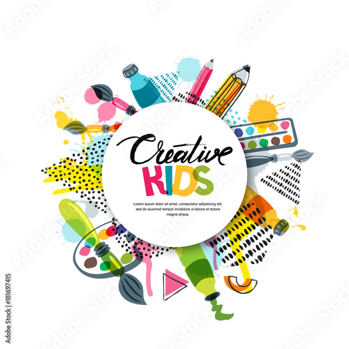 Kids art craft, education, creativity class concept. Vector banner, poster with white paper background, hand drawn letters, pencil, brush, paints and watercolor splash. Doodle illustration.