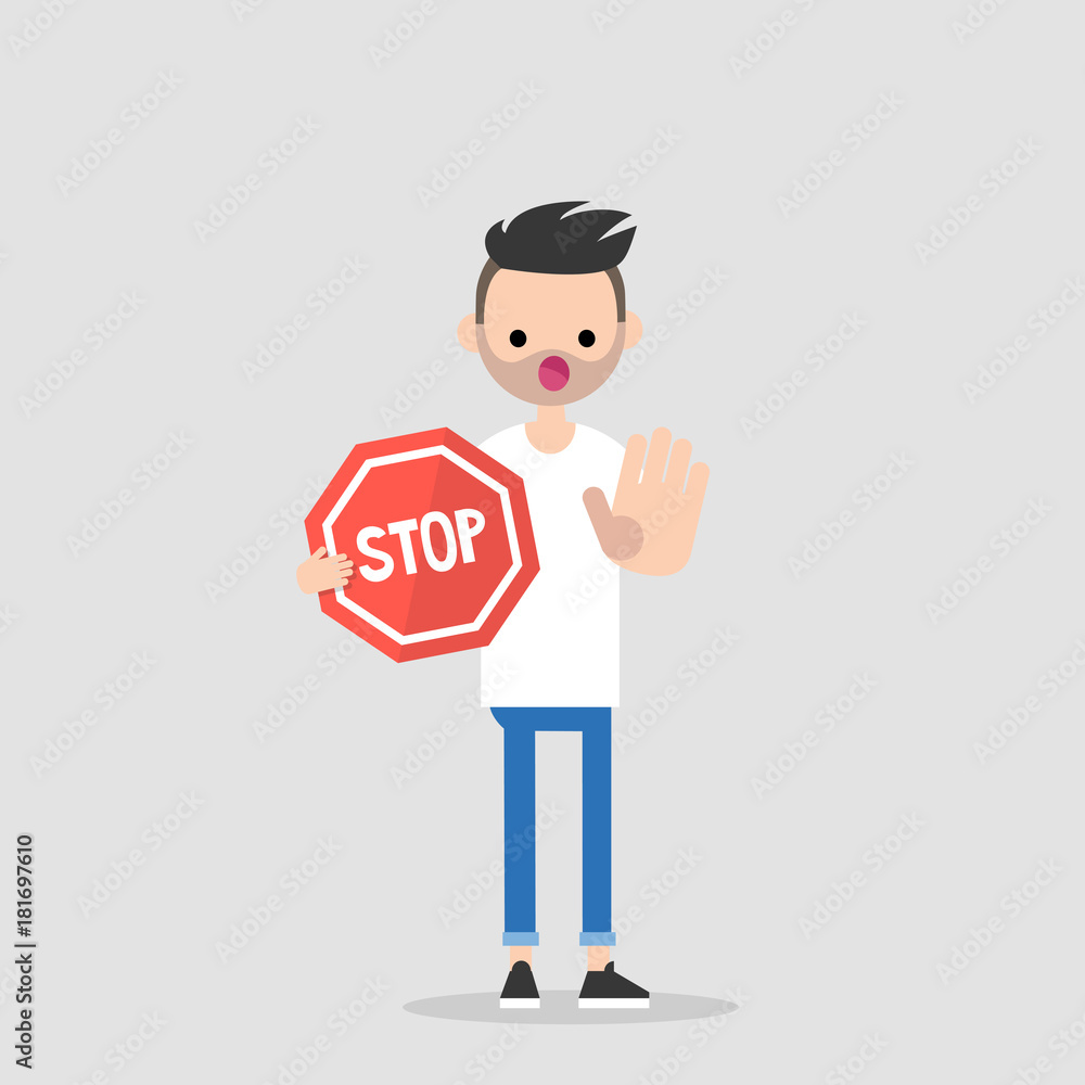 Warning. Forbidden. No access. Young character holding a red stop sign. Flat editable vector illustration, clip art. Warning. Forbidden. No access. Young character holding a red stop sign. Flat editable vector illustration, clip art.