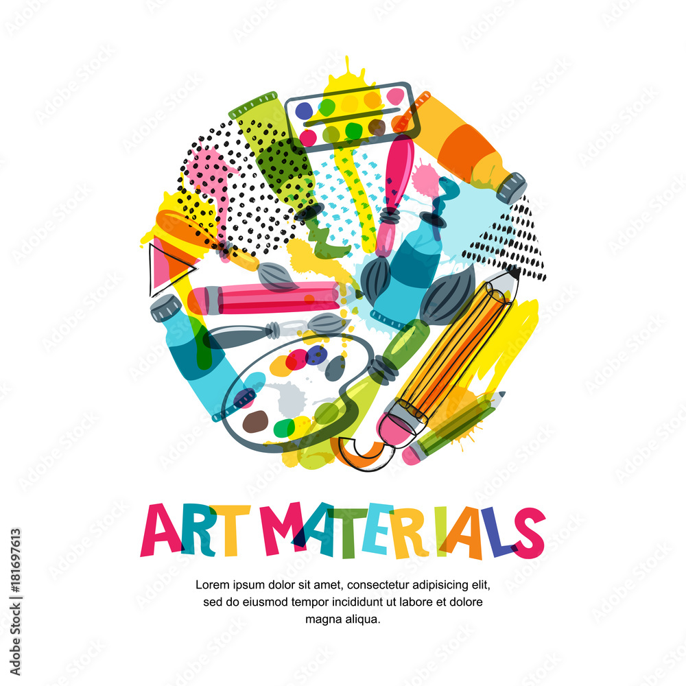 Obraz premium Art materials for craft design and creativity. Vector doodle isolated illustration in circle shape. Banner or poster background with pencils, brushes, watercolor paints.