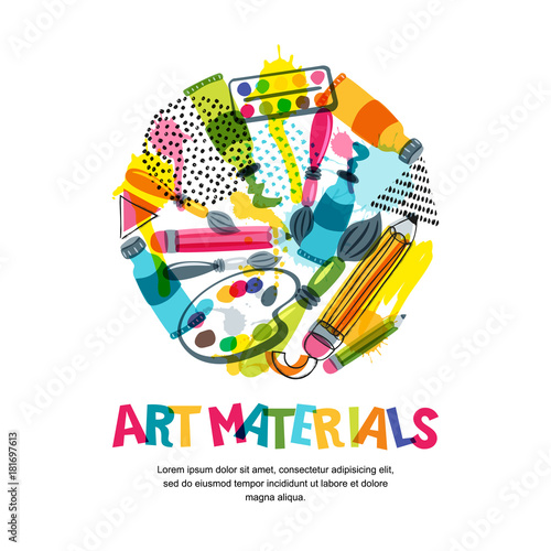 Art materials for craft design and creativity. Vector doodle isolated illustration in circle shape. Banner or poster background with pencils, brushes, watercolor paints.