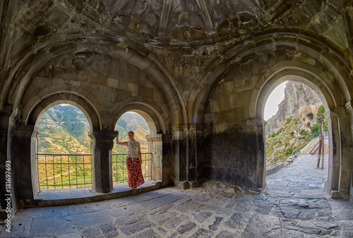 Young woman in Vardzia Cave Monastery of Georgia