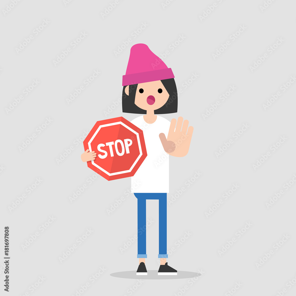 Warning. Forbidden. No access. Young female character holding a red stop sign. Flat editable vector illustration, clip art.