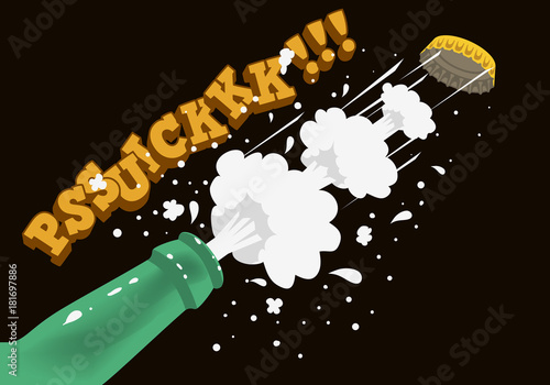 Opening Of Bottle Of Beer With Taking The Cap Off And Making Splash. Comic Style Dynamic Illustration.