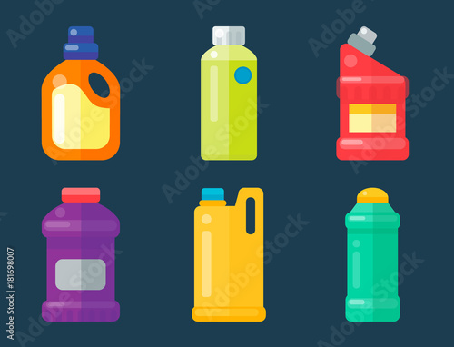 Bottles of household chemicals supplies cleaning housework plastic detergent liquid domestic fluid cleaner pack vector illustration.