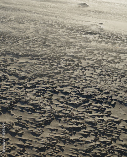Closeup of a sand beach on a windy day. Little patches of wet sand collect sand in their wake, creating regular, sharp, strips in the main direction of the wind.