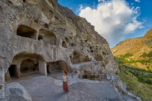 Young woman in Vardzia Cave Monastery of Georgia photo