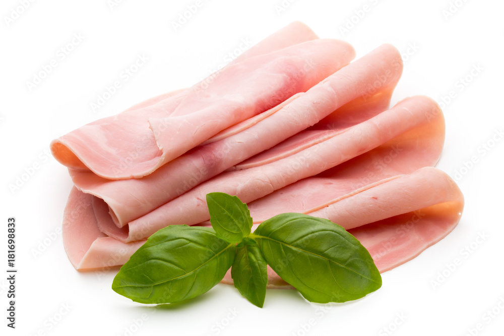 Sliced boiled ham sausage isolated on white background, top view. Sliced boiled ham sausage isolated on white background, top view.