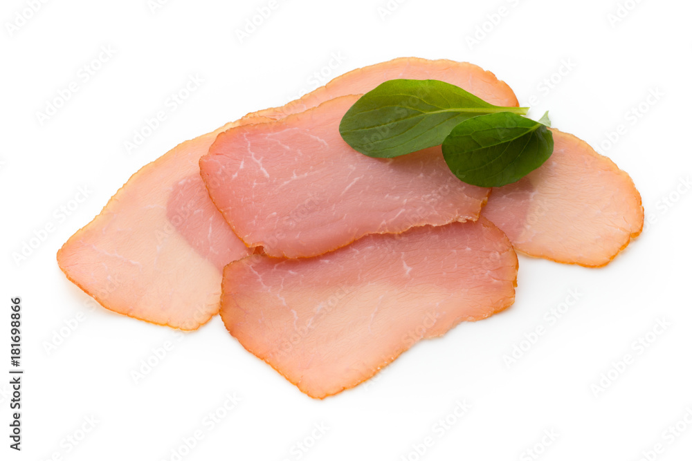 Sliced boiled ham sausage isolated on white background, top view. Sliced boiled ham sausage isolated on white background, top view.