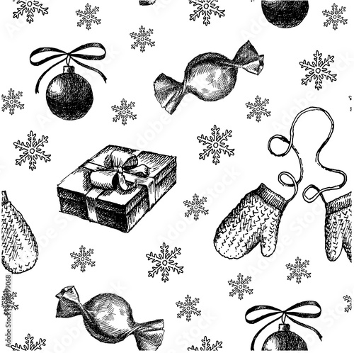 Christmas pattern seamless, hand drawing sketch new year illustration. Vector christmas toy and candy