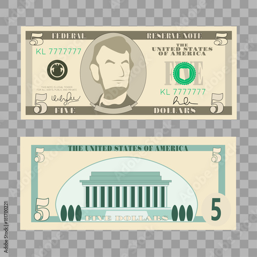 Dollar banknotes, us currency money bills - 5 dollar isolated on transparent background. Vector illustration in flat and cartoon style.