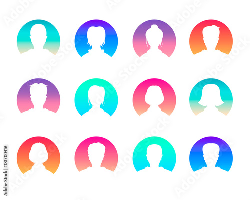 Social network and media avatars collection - white people silhouettes avatars. Vector illustration on white background. Modern colors.