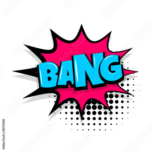 bang boom, gun Comic text speech bubble balloon. Pop art style wow banner message. Comics book font sound phrase template. Halftone dot vector illustration funny colored design.