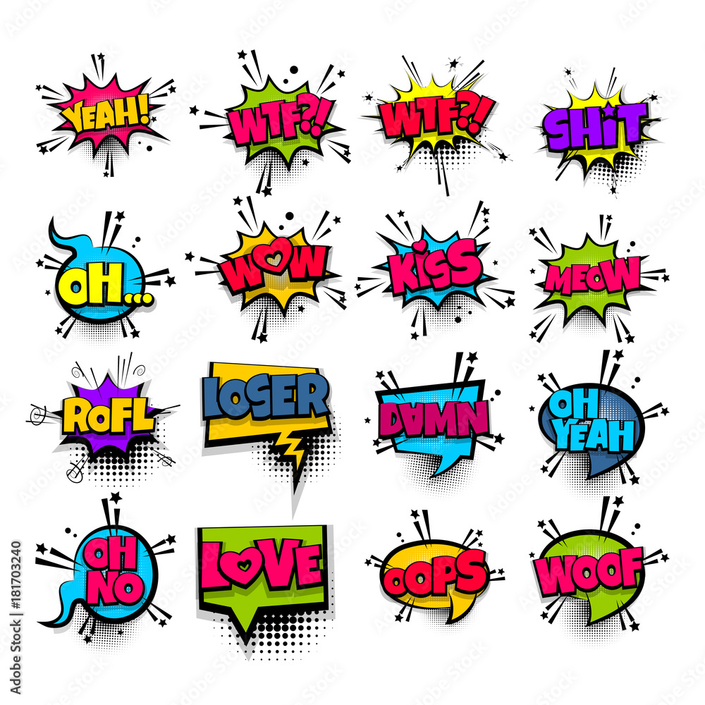 wow oh kiss damn love wtf oops set lettering. Comics book balloon. Bubble icon speech pop art phrase. Cartoon font label tag expression. Comic text sound. Vector illustration.