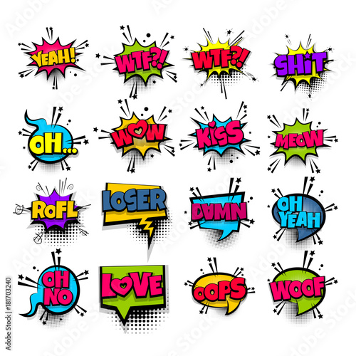 wow oh kiss damn love wtf oops set lettering. Comics book balloon. Bubble icon speech pop art phrase. Cartoon font label tag expression. Comic text sound. Vector illustration.