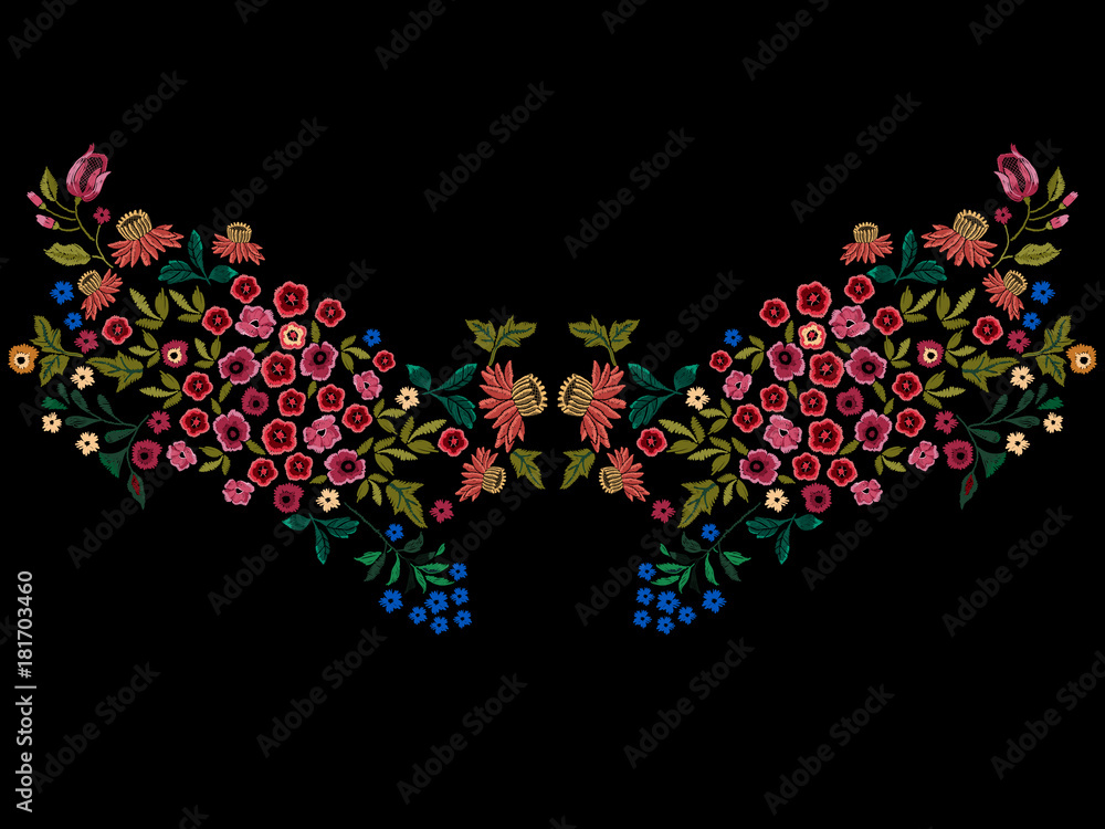 Embroidery ethnic neckline pattern with small wild flowers.