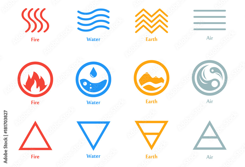 Vector illustration of four elements icons, line, triangle and round symbols set. Logo template. Wind, fire, water, earth symbol. Pictograph. - obrazy, fototapety, plakaty 