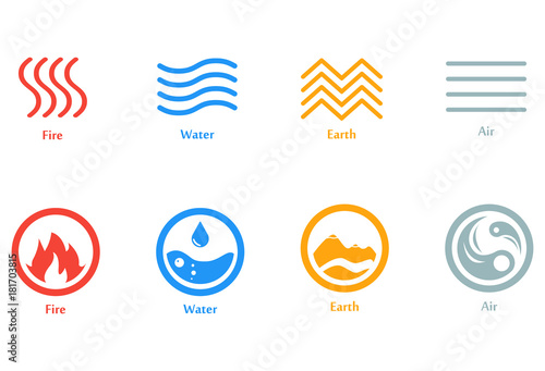 Vector illustration of four elements icons, line and round symbols set. Logo template. Wind, fire, water, earth symbol. Pictograph.