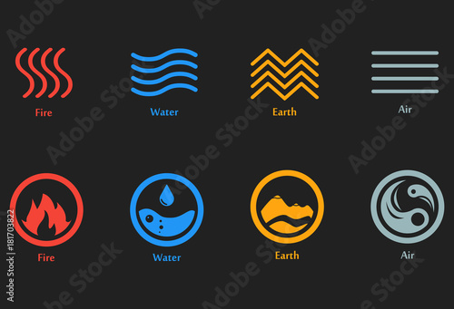 Vector illustration of four elements icons, line and round symbols set. Logo template. Wind, fire, water, earth symbol. Pictograph.