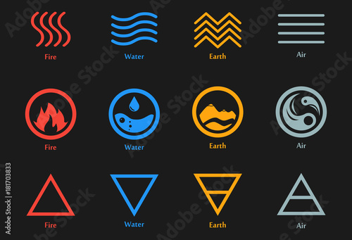 Vector illustration of four elements icons, line, triangle and round symbols set. Logo template. Wind, fire, water, earth symbol. Pictograph.