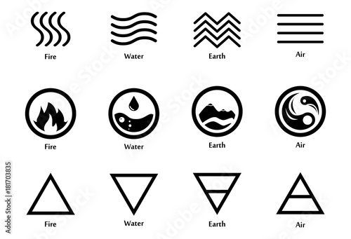 Vector illustration of four elements icons, line, triangle and round symbols set. Logo template. Wind, fire, water, earth symbol. Pictograph.