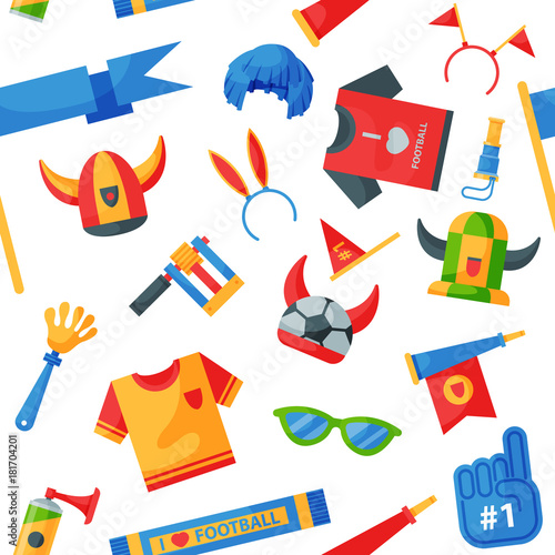 Colored football soccer fan attribute rooter buff man sport character accessories tools to cheer for your favorite team vector seamless pattern background.