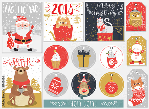Set of Christmas and New Year labels and cards. Vector illustration.
