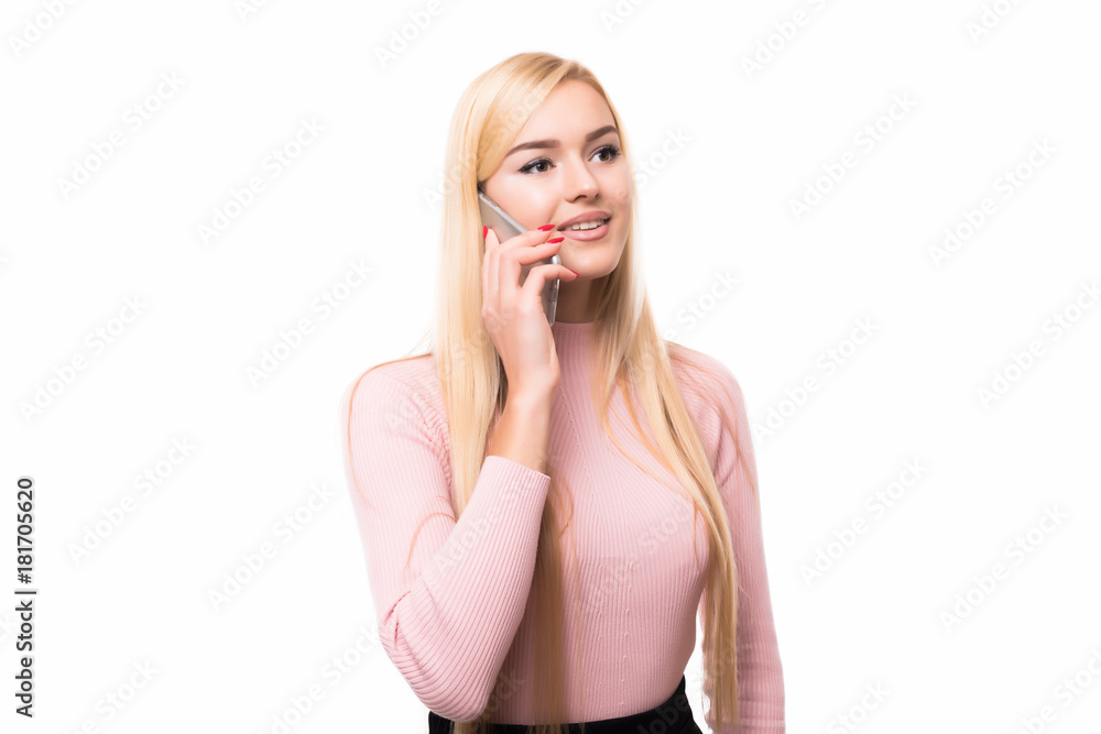 Fototapeta premium Cheerful woman talking on the phone isolated on a white background