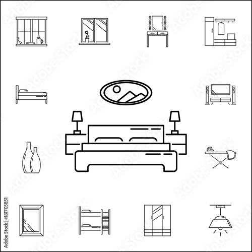 Double bed with painting icon. Set of household accessories icons. Signs, outline furniture collection, simple thin line icons for websites, web design, mobile app, info graphics