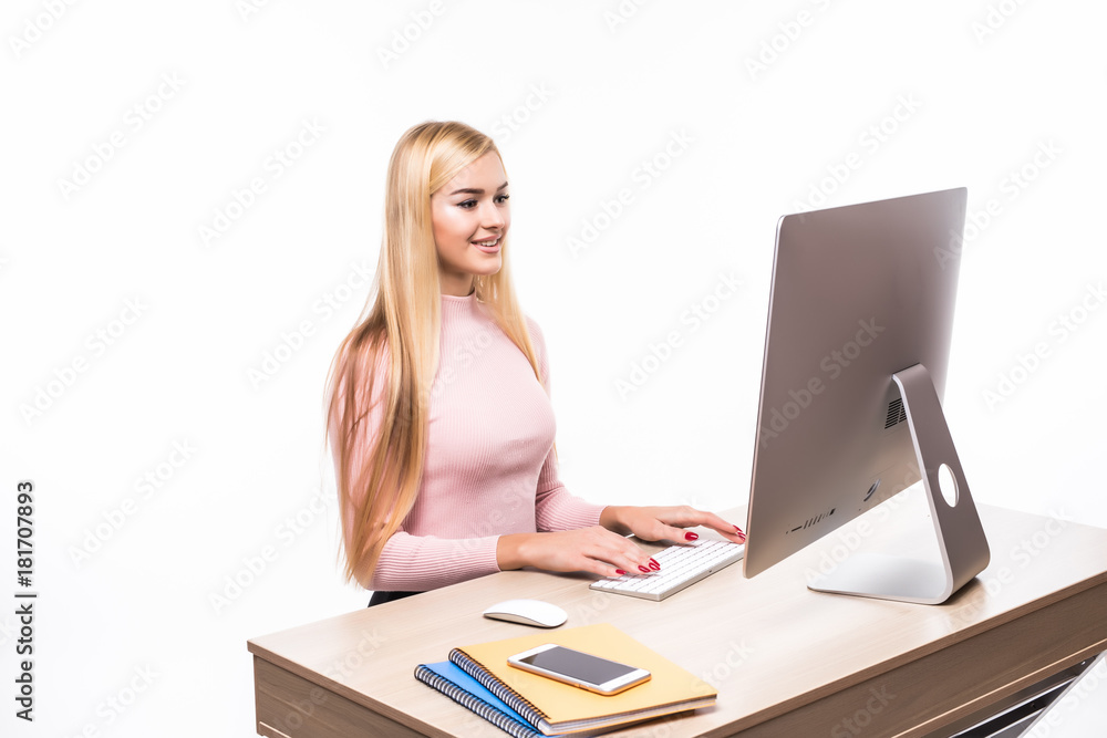 Young pretty business woman at workplace on white background Young pretty business woman at workplace on white background