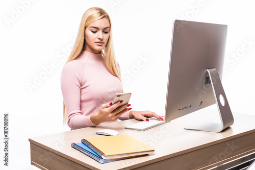 Woman hands using smart phone. business woman hands busy using cell phone at office desk