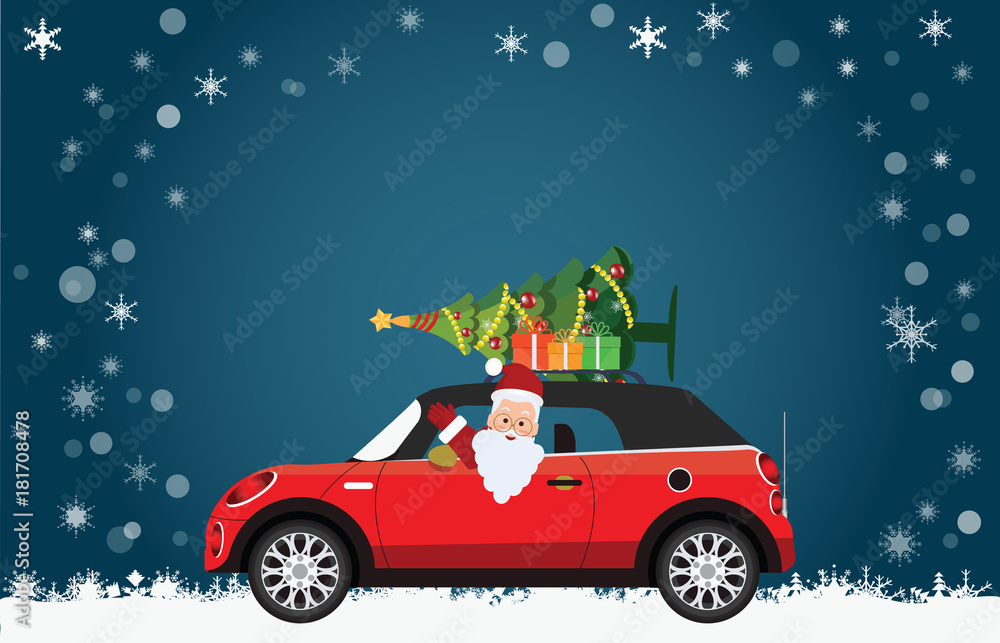Funny Santa Claus is driving a red car with tree and gifts.