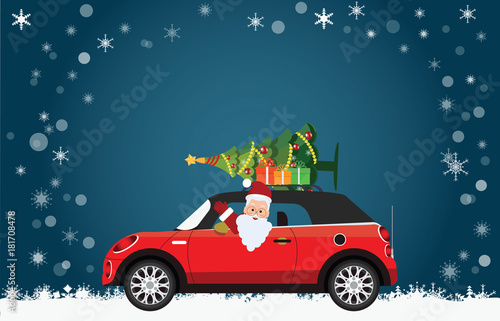 Funny Santa Claus is driving a red car with tree and gifts.