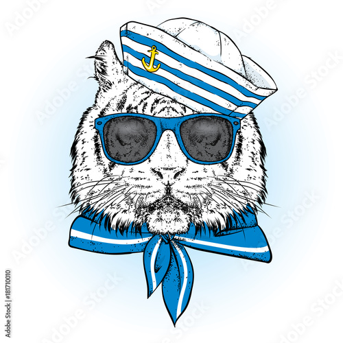 Fototapeta Naklejka Na Ścianę i Meble -  A beautiful tiger in sailor clothes. Vector illustration. Animal in clothes and accessories. A sailor in a cap and tie.