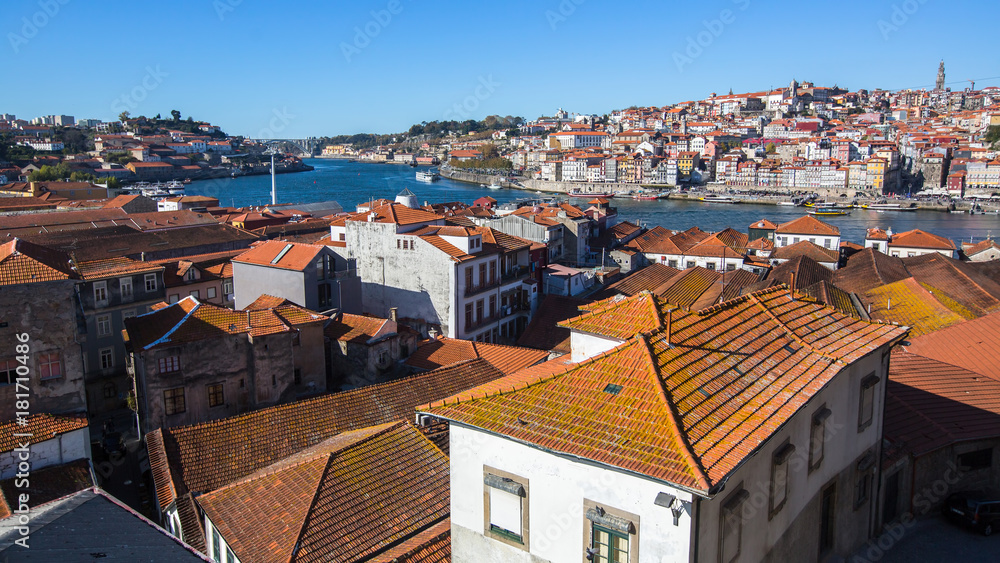 View of Douro river from Vila Nova de Gaia, Porto, Portugal.