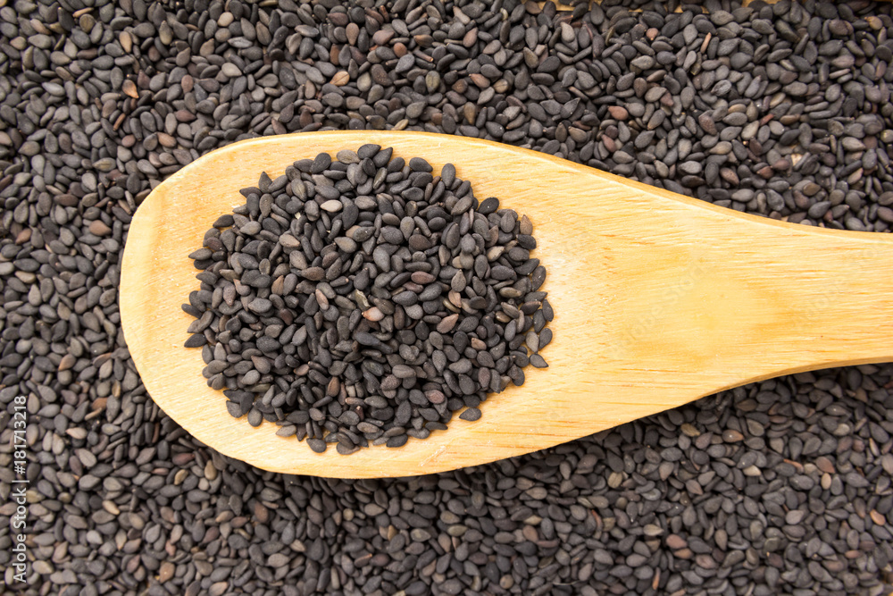 Benniseed. Grains in wooden spoon. Close up. Benniseed. Grains in wooden spoon. Close up.